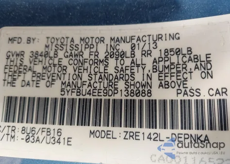 2013 Toyota Corolla Le z USA, uszkodzony, nr VIN 5YFBU4EE9DP138088